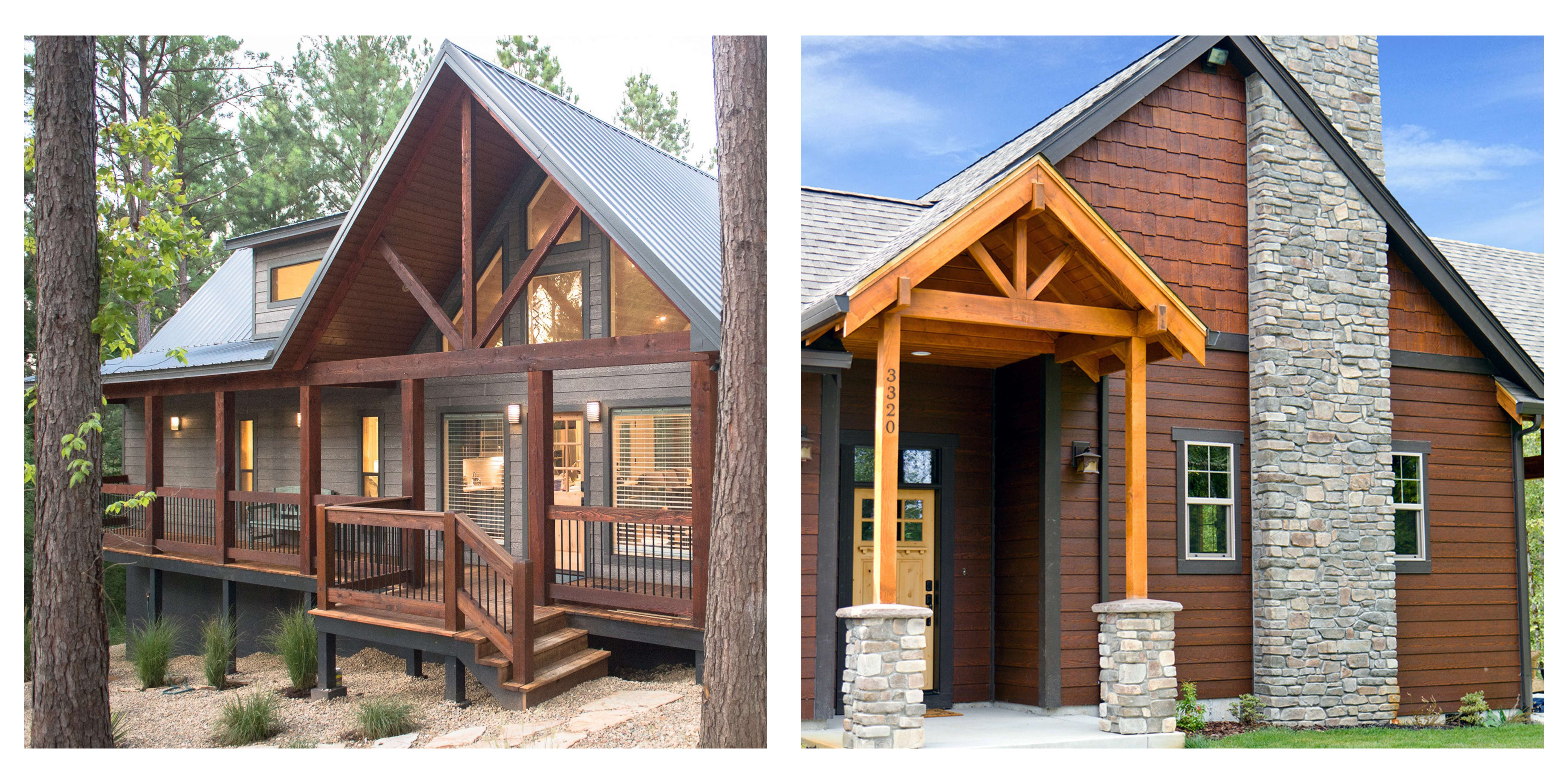 Glulam engineered wood products: Two front porches on a wood home with wood posts and wood beams.